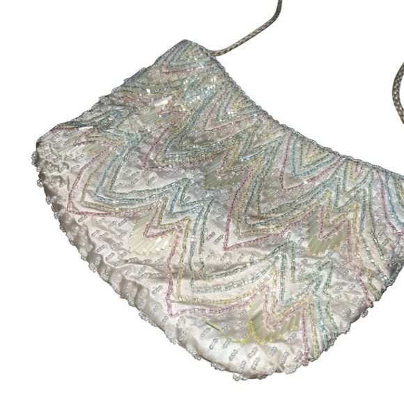 Vintage Mini Beaded Bag Cream with Pastel Beads Satin Lined 8”x5” - Picture 2 of 8